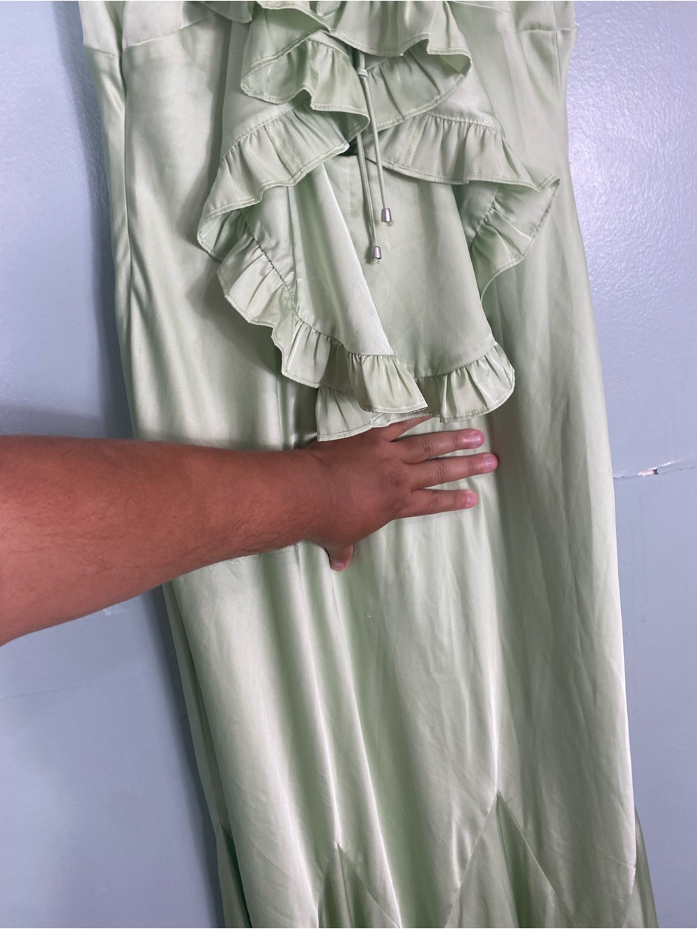 BHLDN Caped Satin Maxi Dress Green Ruffle XL - Picture 10 of 10